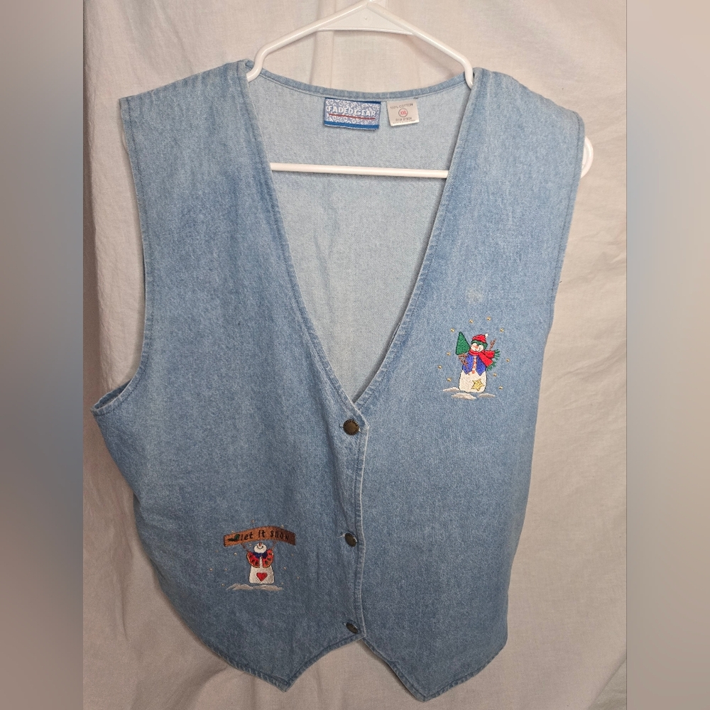 VTG Denim Vest Let It Snow Snowmen Christmas Winter XXL Holiday